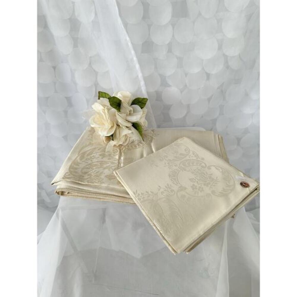 Vtg Beige Linen Double Damask Tablecloth 8 Napkins Floral Garlands Acanthus